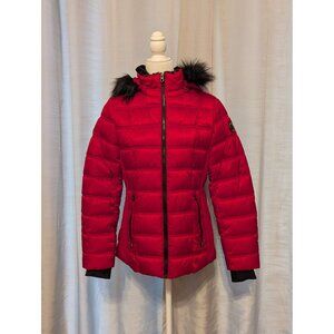 Nautica Womens Red Puffer Jacket M Faux Fur Hood Zippered Pockets Lightweight